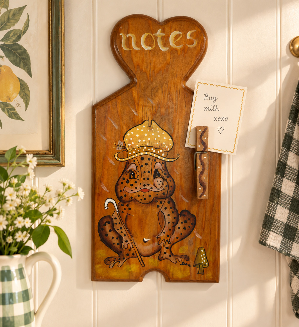 Vintage Wooden Frog Note Holder Wall Plaque Hand Painted Folk Art 11.25"
